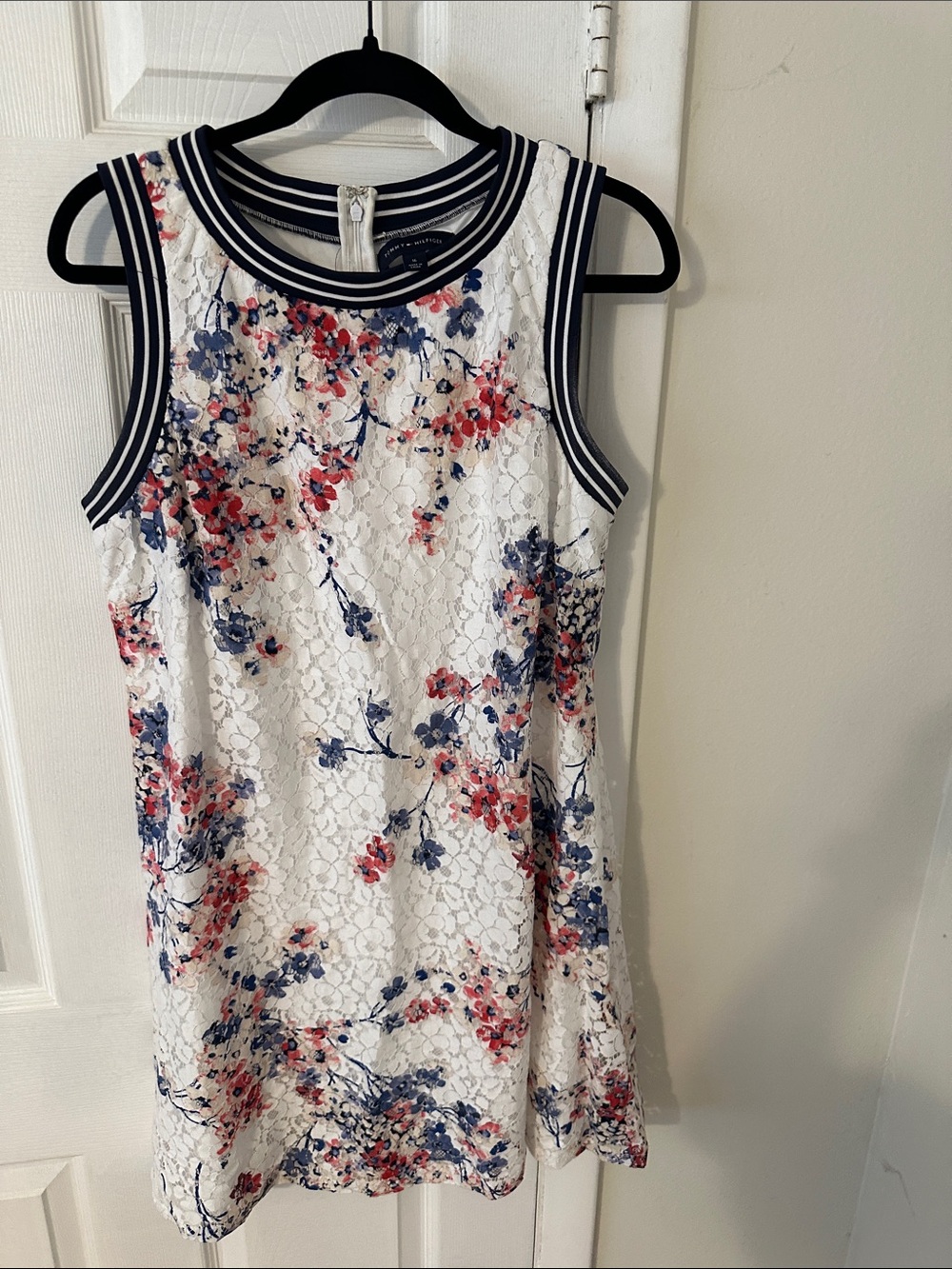 Tommy Hilfiger White Floral Lace Dress with Navy Trim